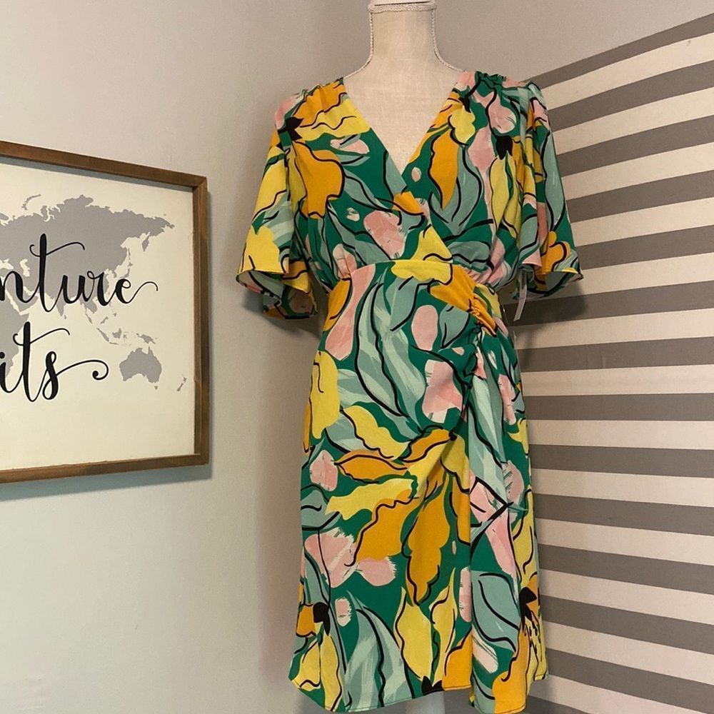 Green Floral Wrap Dress with Yellow & Pink Accents